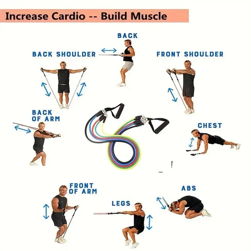 Fitness: TPE Resistance Bands Set. 11pcs. Resistance Bands. Door or Edge Anchor.